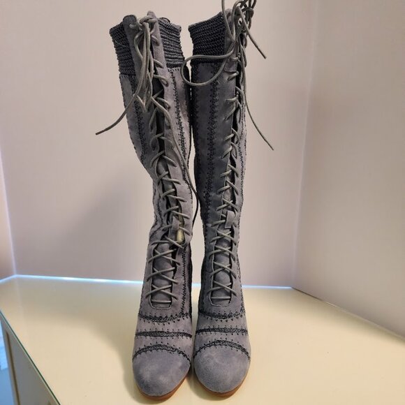 Free People x Silent D Lace-Up Suede Blue Grey Heeled Boots - Picture 4 of 9